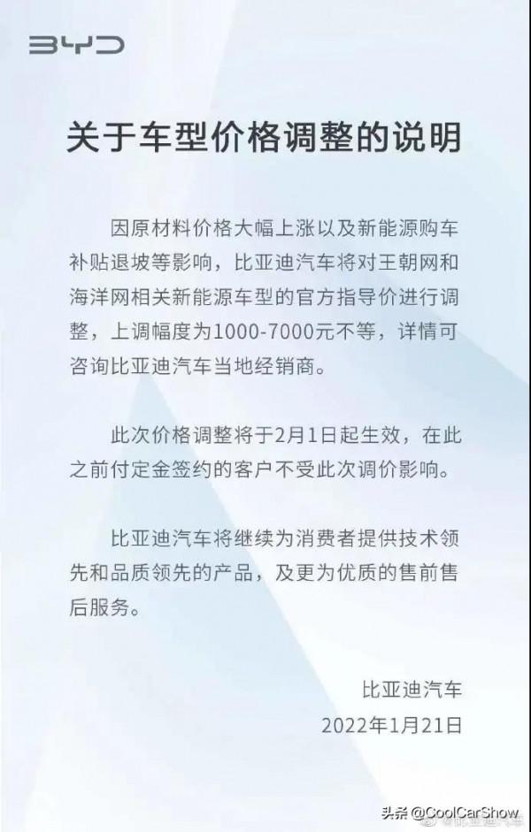 補貼將&OpenCurlyDoubleQuote;斷奶&rdquo;，各大新能源車陸續漲價