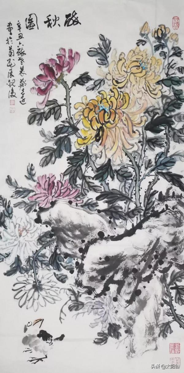 江西畫家蔡志遠昨天又畫兩幅菊花，一幅題詩，一幅題《秋菊畫》