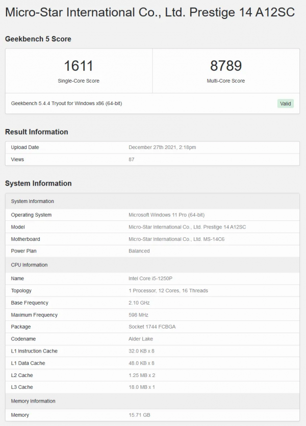 英特爾酷睿i5-1250P跑分曝光 效能超AMD Ryzen 9 5980HX