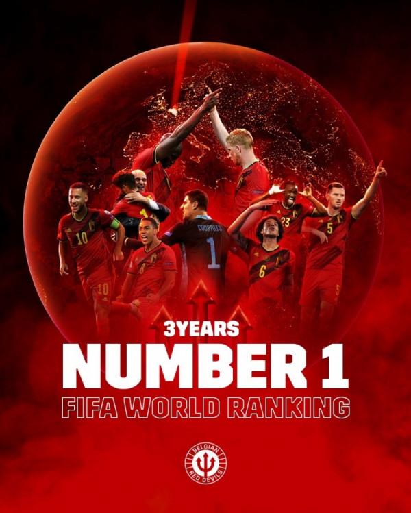 連續三年FIFA排名世界第一！比利時國家隊官推釋出慶祝海報