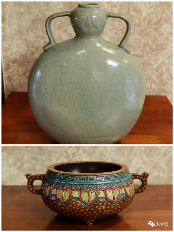 明龍泉窯青釉刻花人物葫蘆紋綬帶耳扁壺 明龍泉窯青釉刻花人物葫蘆紋綬帶耳扁壺