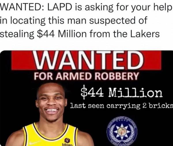 威斯布魯克已被湖人球迷通緝。還專門為他製作了一份通緝令