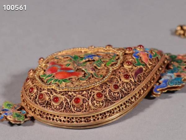 清代 銀鎏金花絲燒藍花紋香囊規格對摺長46cm 香囊寬14*7cm 重158.2g