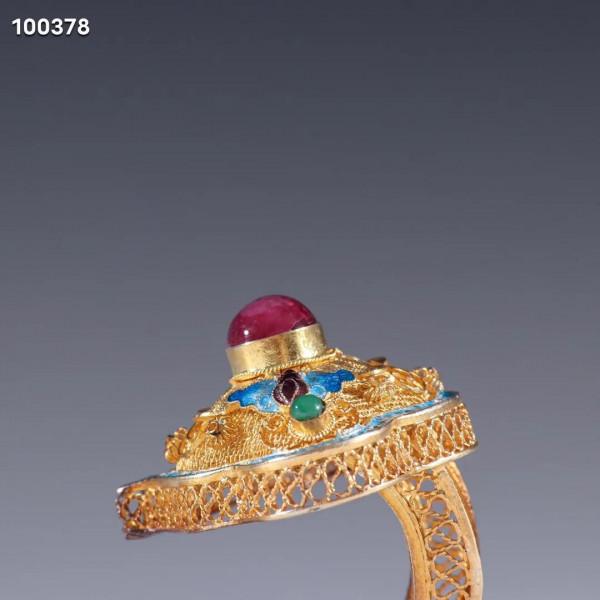 迴流 純銀花絲燒藍嵌碧璽如意擺件