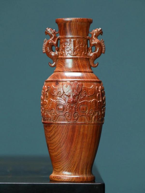 海南黃花梨｜螭龍雙耳插花瓶