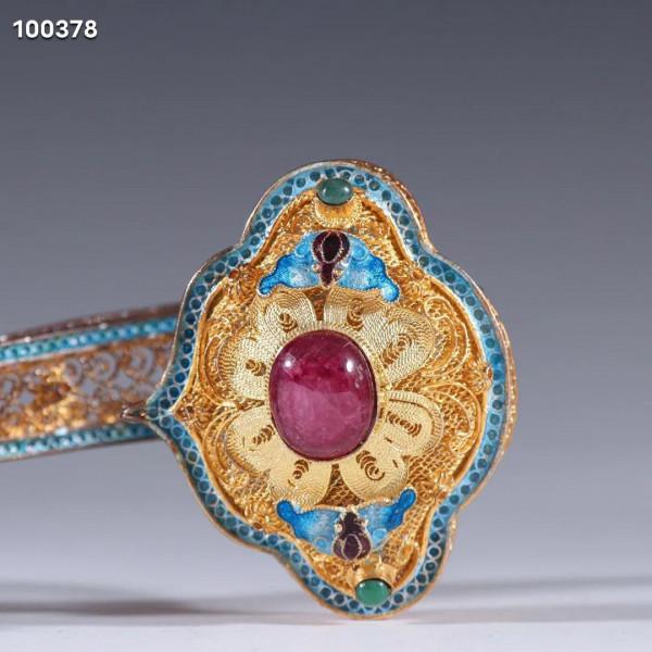 迴流 純銀花絲燒藍嵌碧璽如意擺件