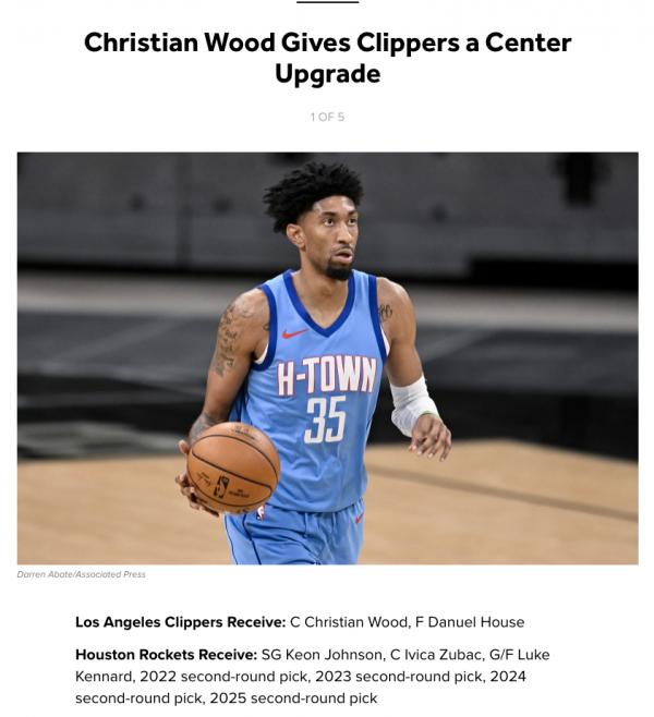 美媒建議快船火箭7換2:伍德聯手卡喬,3人+4次輪成籌碼夠嗎? 美媒建議快船火箭7換2:伍德聯手卡喬,3人+4次輪成籌碼夠嗎?