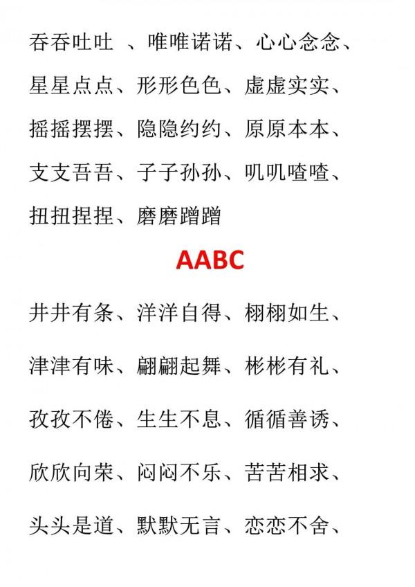 這篇文章，彙總了AABC、ABCC、AABB、ABAC、ABB等結構形式的詞語