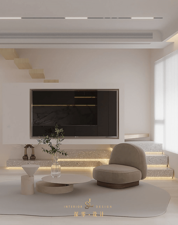 這是我見過最前衛的樓梯設計，電視牆懸浮裝在扶手上，科技感十足