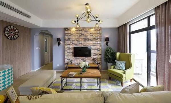 116平美式三居室，文化磚牆+淺紫色乳膠漆形成浪漫的視覺感