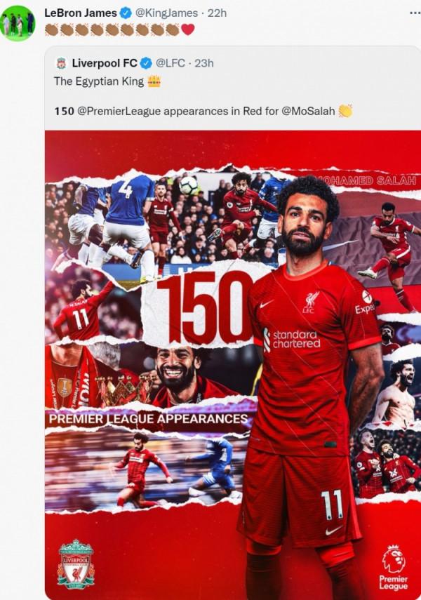 薩拉赫和範迪克達成紅軍英超100場和150場里程碑，詹姆斯發推祝賀