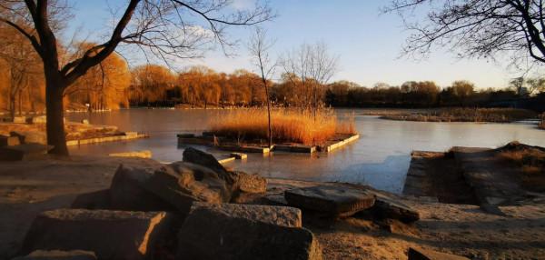 冬季夕陽西下之前的圓明園湖畔