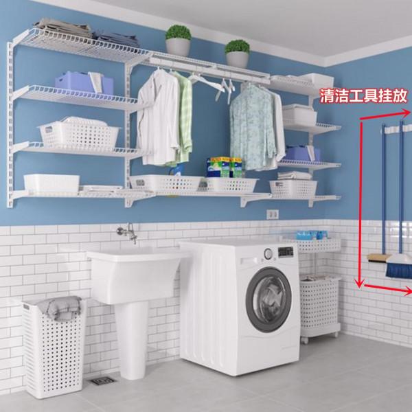 留了一間洗衣房，我不想定製儲物櫃，買五金件上牆低成本置物收納