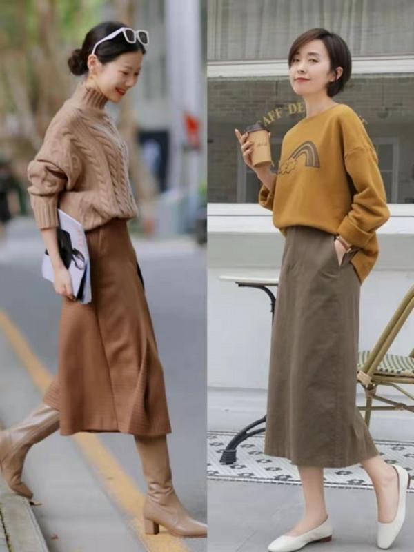 “毛衣+過膝裙”果然是秋季正確開啟方式，保暖舒適，還很提氣質