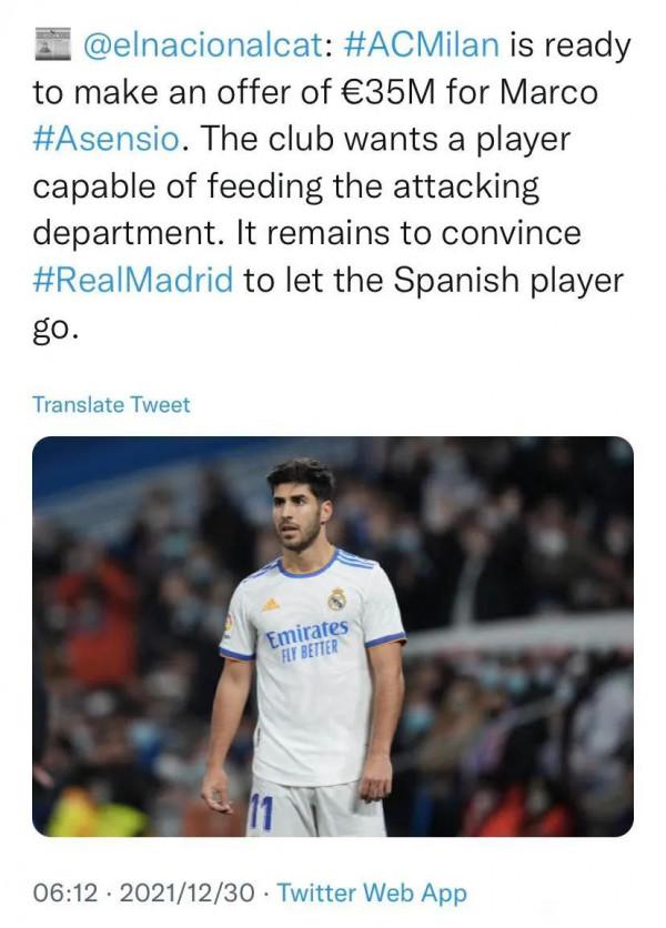 米蘭準備為阿森西奧報價35M