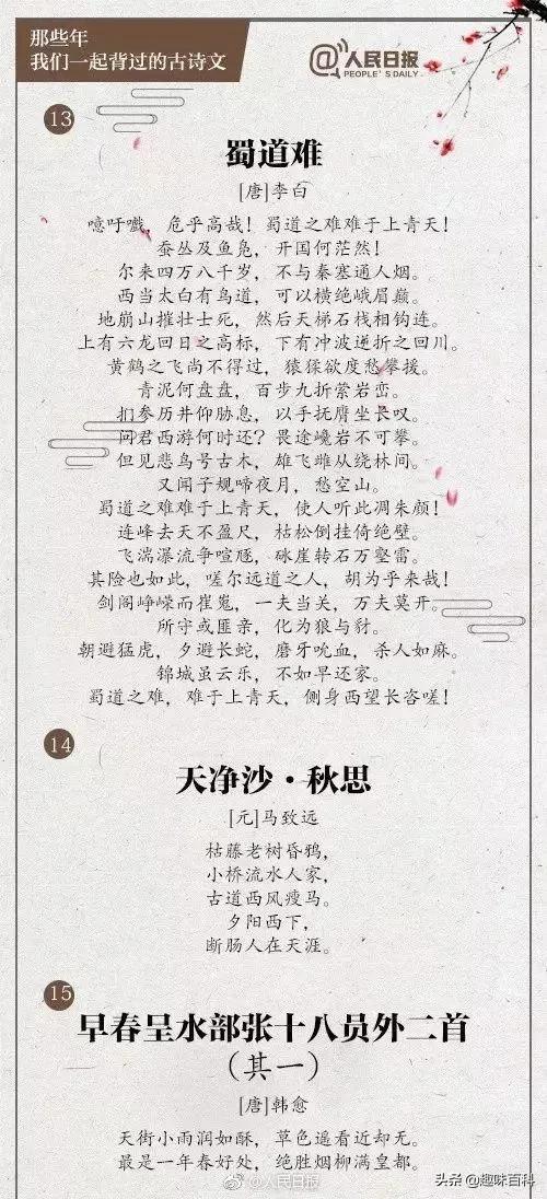 人民日報精選中小學生30首必背誦的古詩文