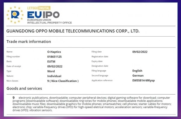 體驗加Buff！OPPO向歐盟申請O-Haptis商標，可提升遊戲向振動反饋