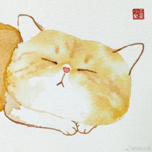 手繪水彩寫意大臉貓