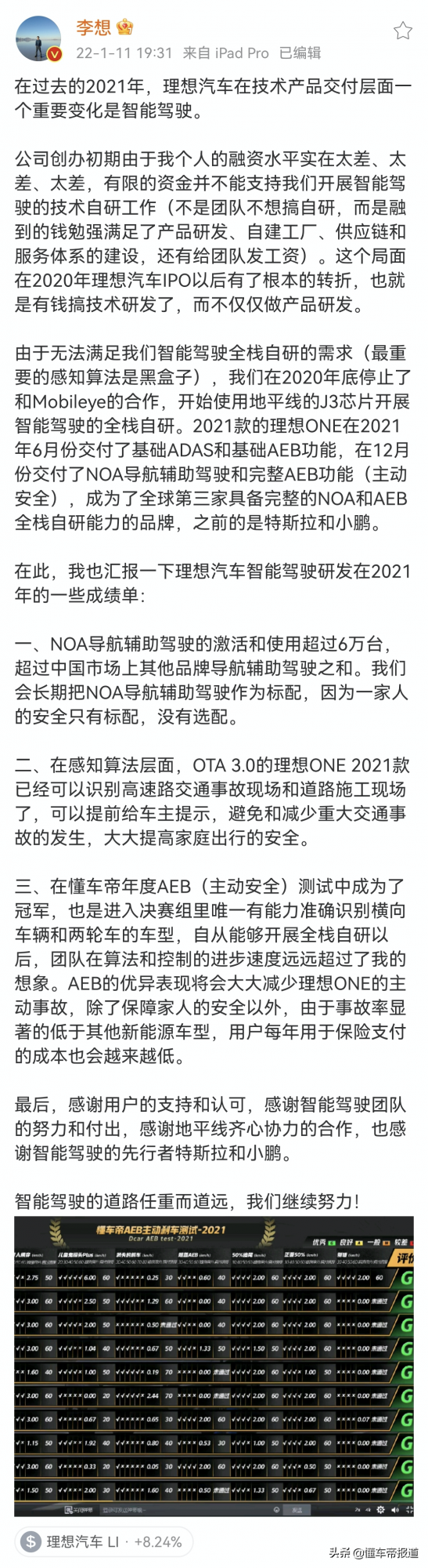 關注｜理想汽車CEO發文覆盤智慧駕駛研發之路：進步遠超想象