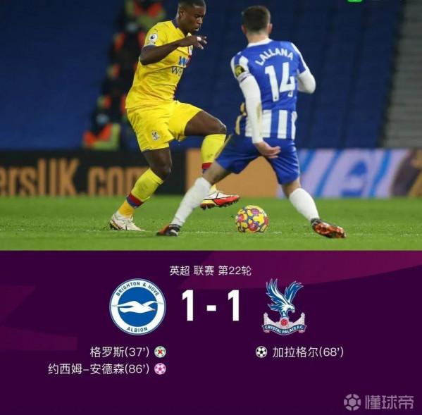 布萊頓1-1水晶宮，加拉格爾進球，安德森自擺烏龍