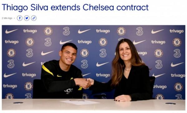 官方：切爾西與蒂亞戈-席爾瓦續約一年，新合同2023年到期