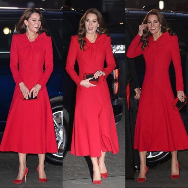 凱特穿蝴蝶結紅裙優雅甜美，戴王太后藍寶石耳環，和威廉對視有愛