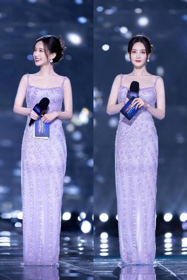 李一桐一身紫色冰雪群，笑容甜美，一顰一笑一舉一動都能扣人心絃