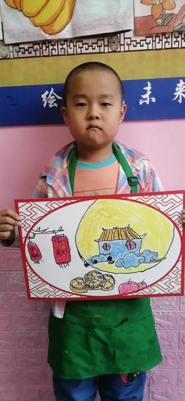 兒童畫，中秋節繪畫作品，彩鉛，卡紙畫。讓孩子自己去畫，孩子內