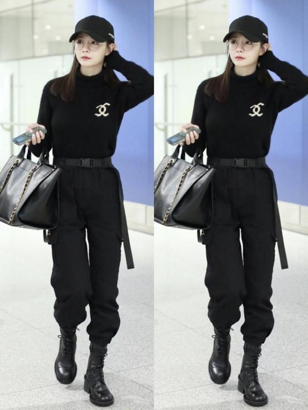 沈夢辰雖然長得挺甜，但穿著一身黑照樣帥氣得很，工裝褲真顯腿長