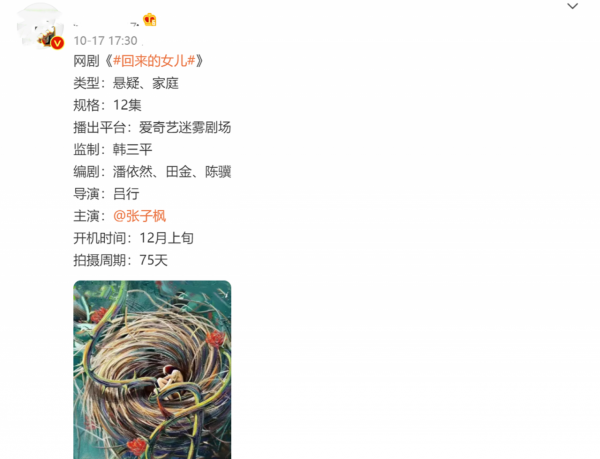 家庭懸疑劇《回來的女兒》來襲，韓三平呂行強強聯合，張子楓領銜