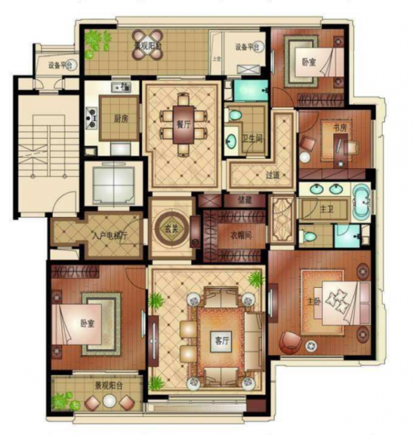155平美式風三居室客廳望向餐廳整體紅色調，讓人感覺無比溫馨