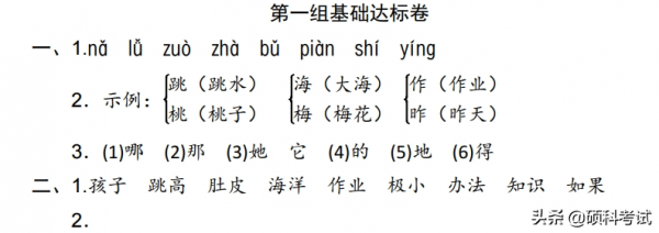 二年級語文測試卷（部編版上冊第一單元）適合課後練習、家長輔導