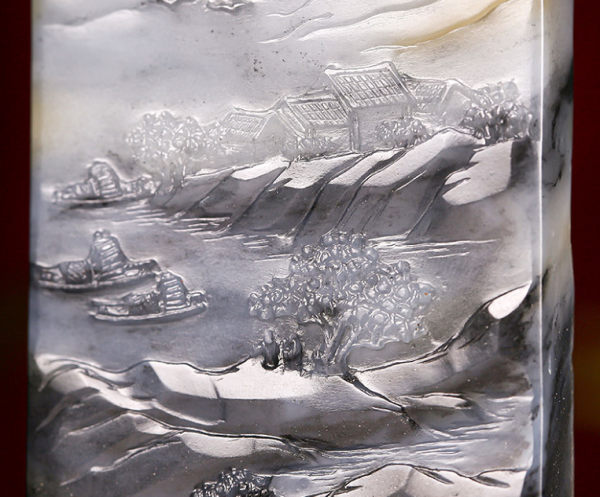 青花籽料玉牌，江南山水