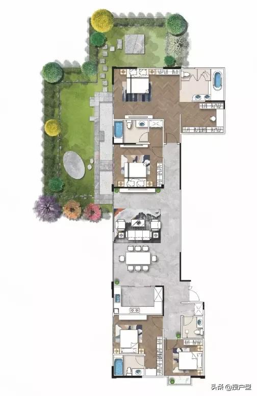 氣質出眾的220平米空中大平層，西北側包圍超漂亮的空中花園