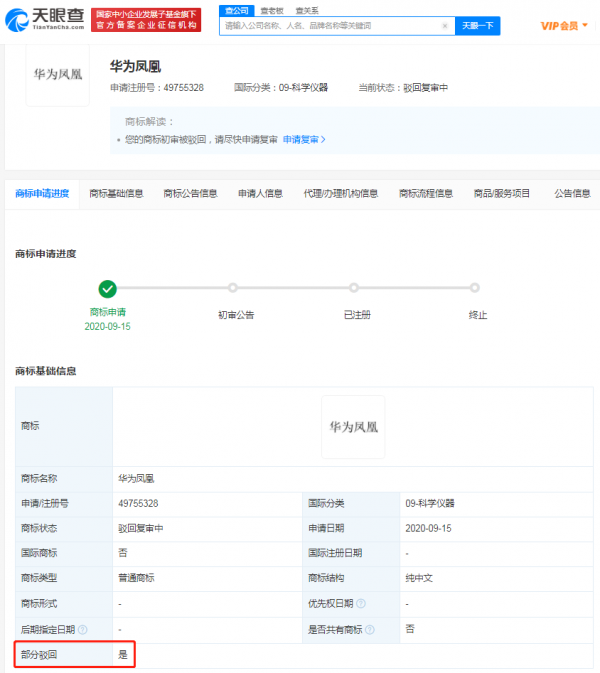 華為鳳凰科學儀器類商標被駁回