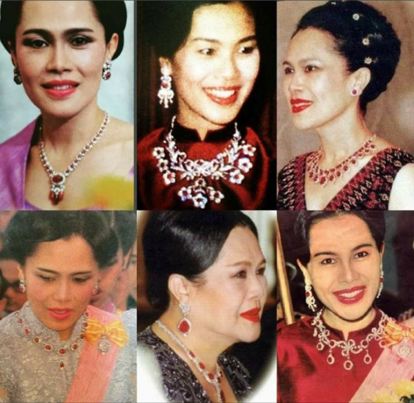 婆媳三人佩戴紅色珠寶，詩妮娜戴耳墜精緻，詩麗吉戴全套雍容華貴