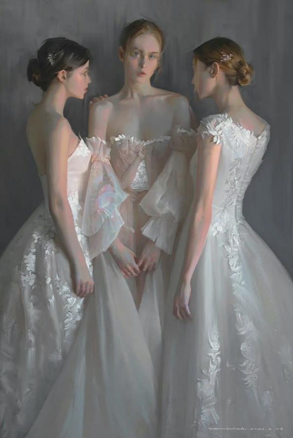 高階油畫質感的插畫作品，筆下的白衣少女太夢幻了