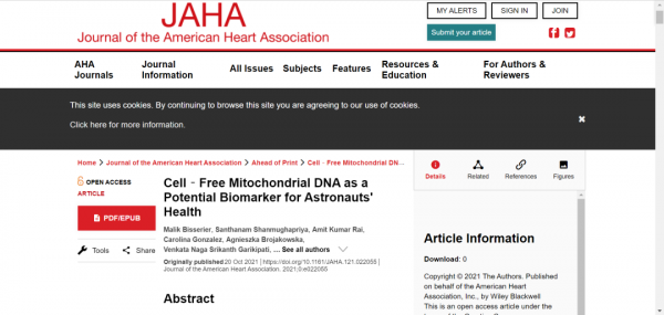 「JAHA」宇航員必須承受的“太空出差”副作用——“細胞的能量工廠”線粒體中的DNA缺失，這將為規避載人航天風險奠定研究基礎