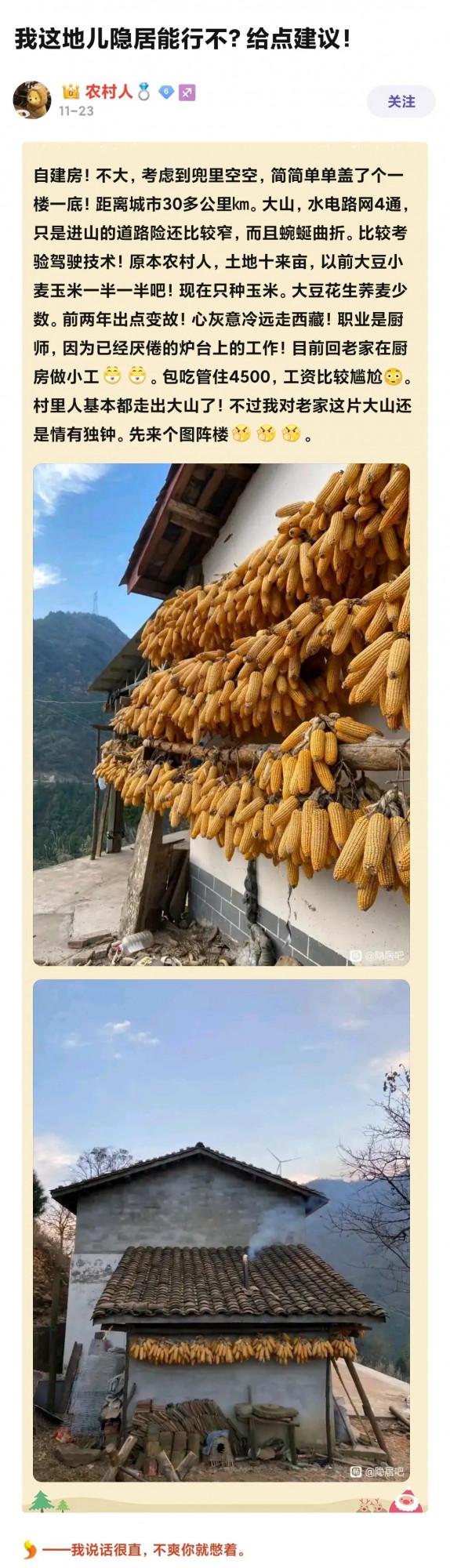 憨憨的隱居人，有玉米有頭肥豬養了好幾只跑山雞