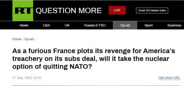 RT專欄作家：法國現在能對美國做出最有尊嚴的回應，就是退出北約