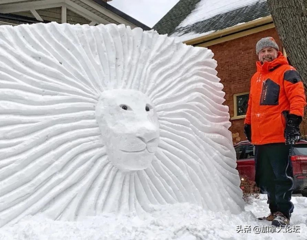 膜拜！安省男子家門口堆精美的雪獅冰雕讓眾人歎為觀止