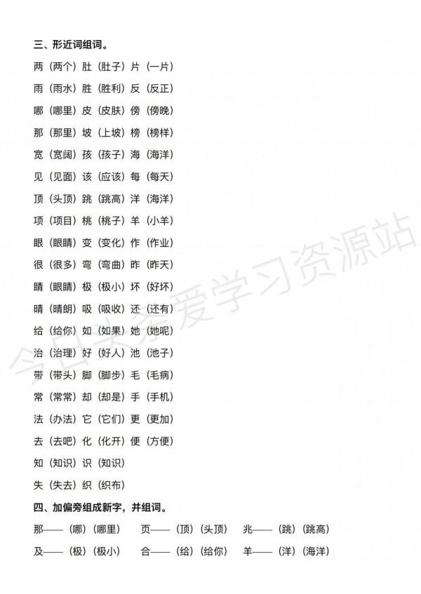 二年級語文上冊全冊重要知識點，期末總複習資料