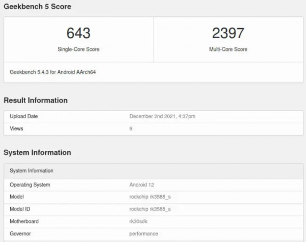Geekbench網站釋出了瑞芯微RK3588的基準測試結果