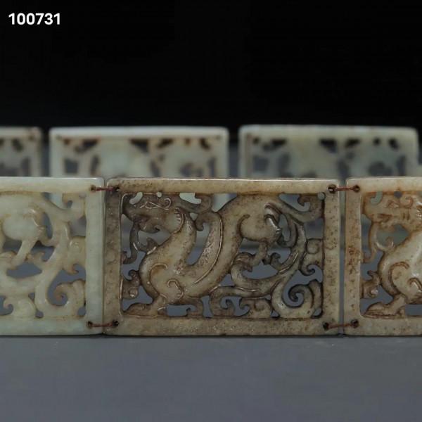 舊藏 高古玉 獸紋 腰帶單片規格：高寬厚3.9/5.7/0.5cm 重285克