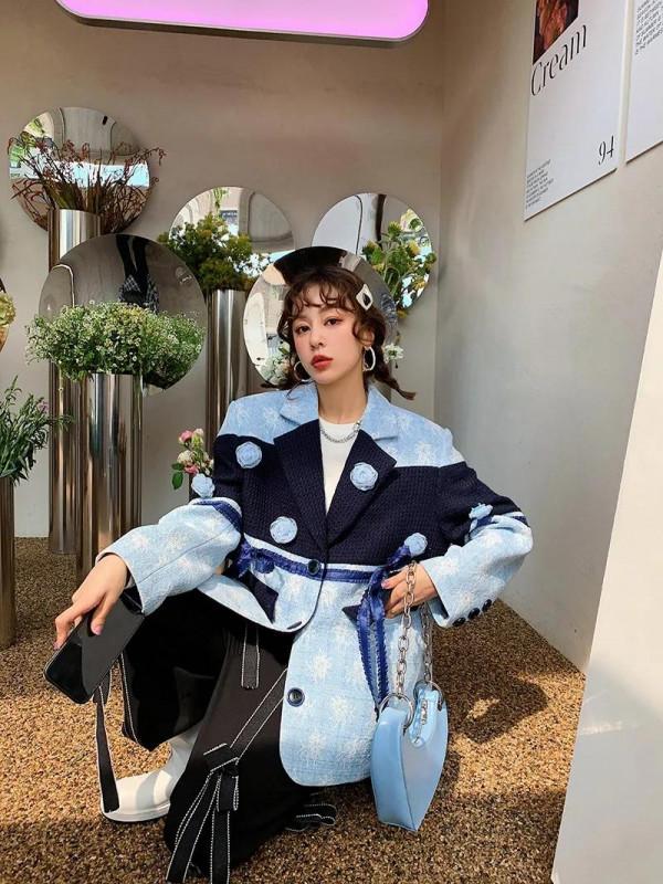 時尚撞色拼接假兩件藍色提花西裝外套 廓形編織呢上衣