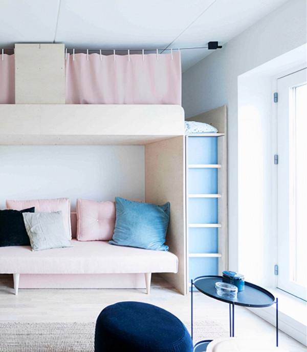 上鋪做床，下方打造休閒區+抽屜櫃，儲物翻番，太適合小戶型了