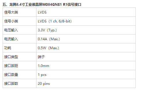 龍騰8.4寸液晶屏M084GNS1 R1引數介紹