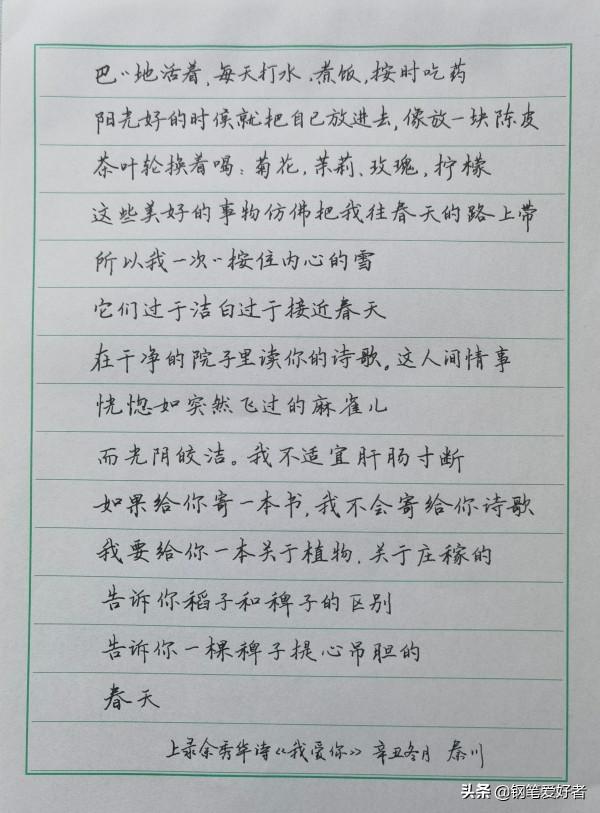Evan Li點評餘秀華詩詞《我愛你》鋼筆字練字打卡作業欣賞