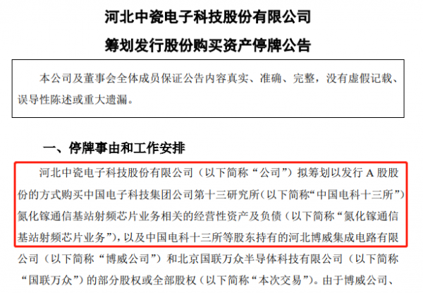 中瓷電子擬購控股股東旗下通訊基站射頻晶片業務