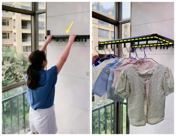 鄰居太貪心，只有一個陽臺，他裝摺疊晾衣架，一邊晾曬一邊改書房